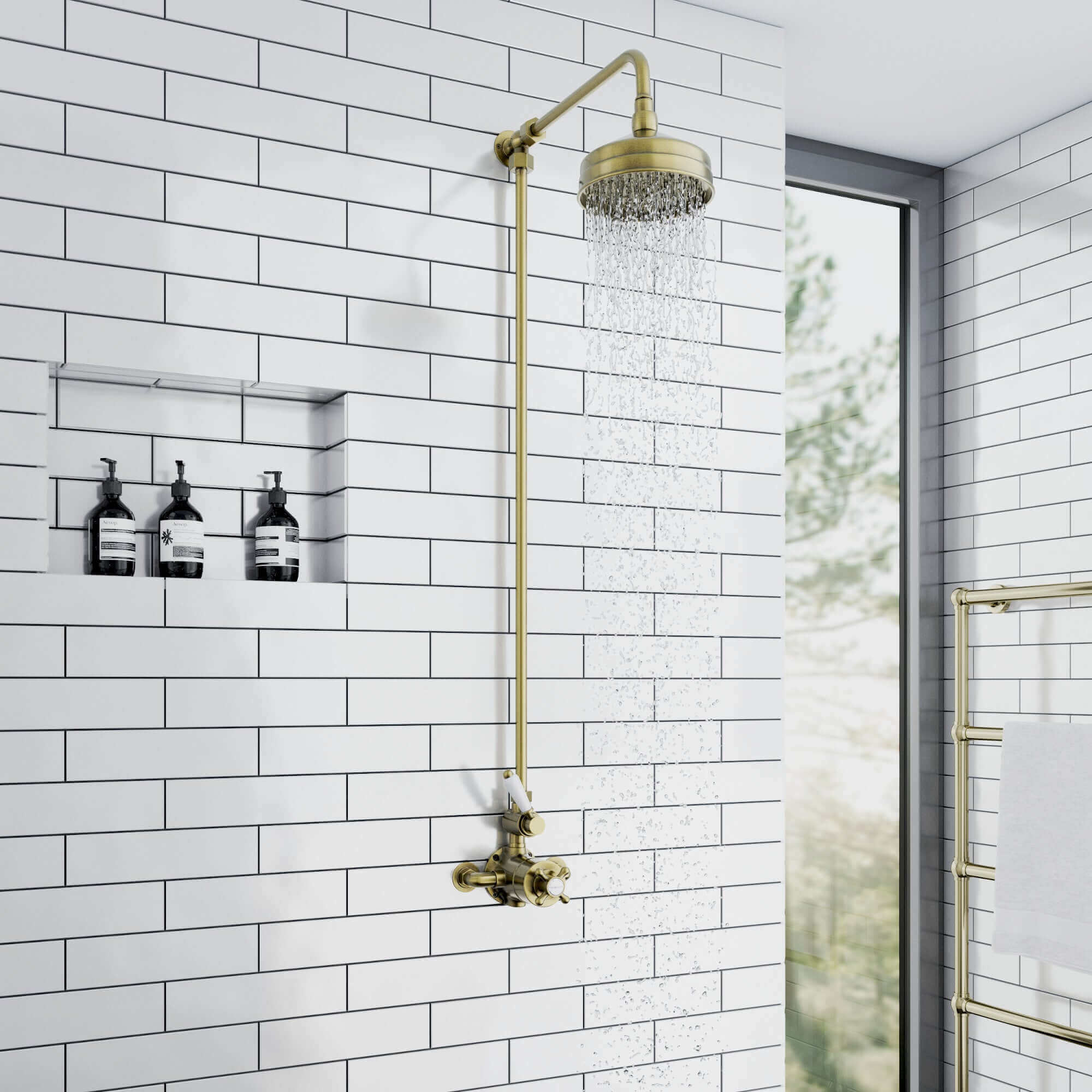 Buy Downton Exposed Traditional Thermostatic Shower Set Single Outlet Incl. Twin Shower Valve, Rigid Riser Rail, 150mm Shower Head - Antique Brass Online UK | HOUSE OF ENKI